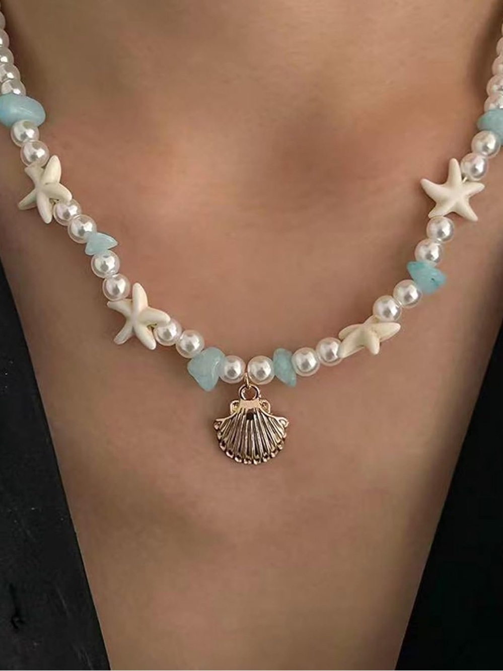Anthropologie White Pearl Necklace with Turquoise Beads and Gold Shell Charm